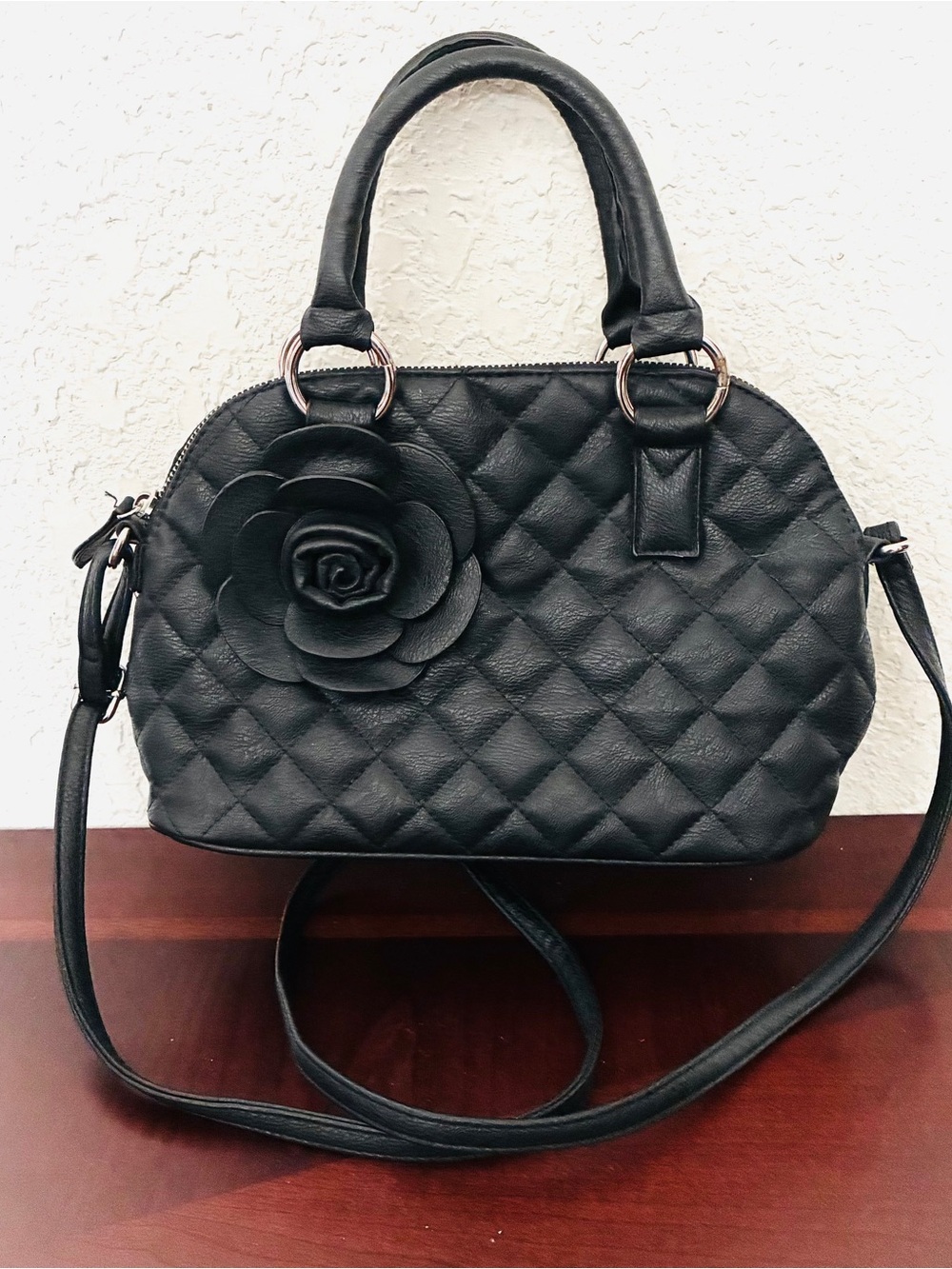 Black Quilted, Flower Accent Satchel/Crossbody Handbag - Women